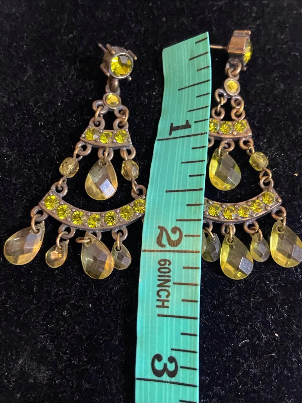 Vintage Yellow Green Teardrop Chandelier Earrings with Crystal Accents